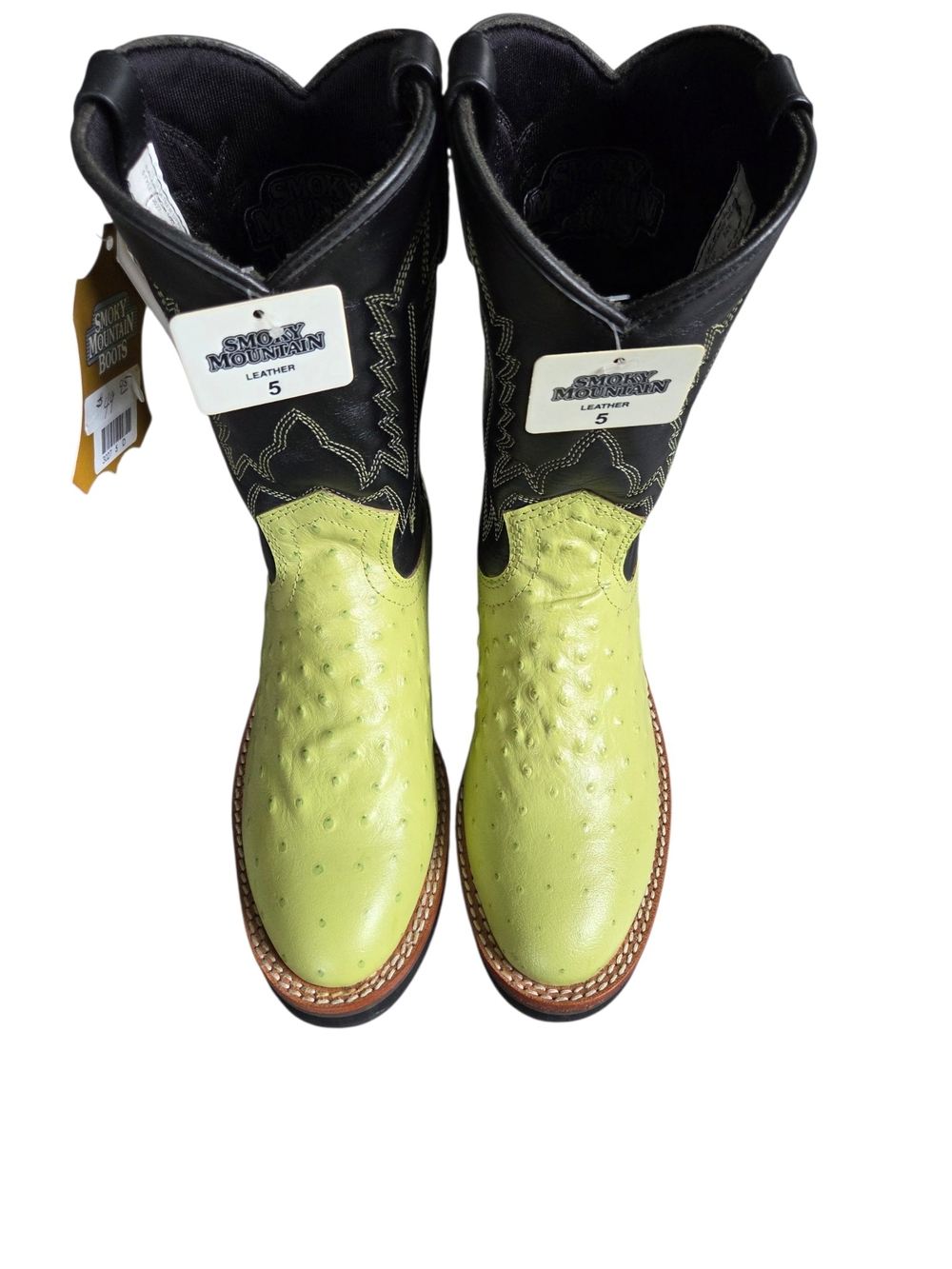 Smoky Mountain Lime Green Ostrich Print Leather Western Boots Youth 5 Women 7 - Picture 2 of 10